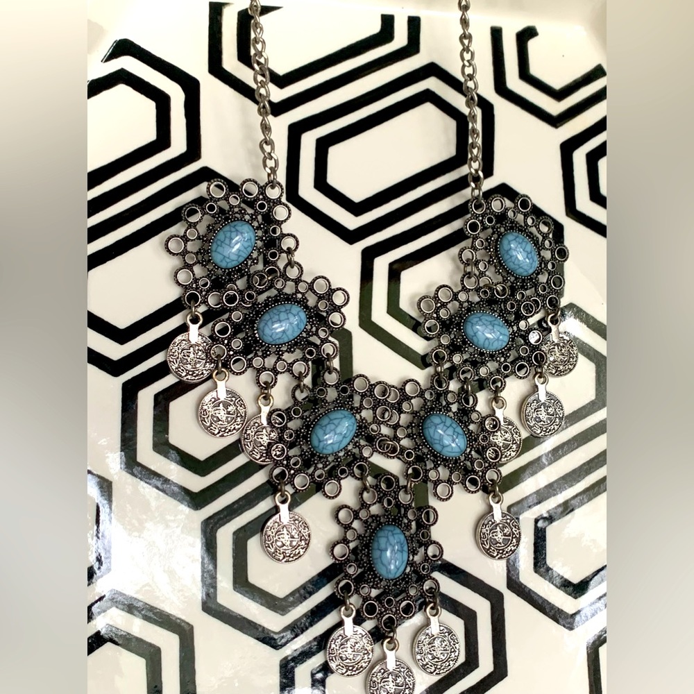 Necklace blue tones charcoal silver detail